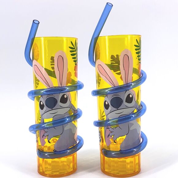 Disney Stitch Easter Bunny Bendy Straw Cup Set Of 2 Hawaiian Tiki Print Drink - Picture 1 of 5